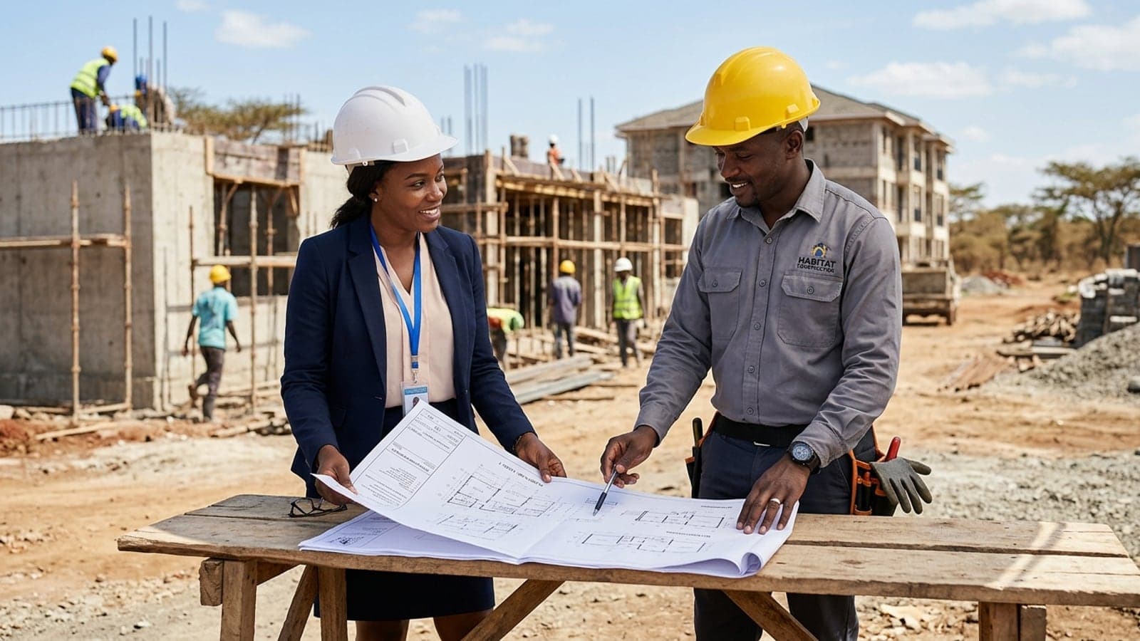 Contractor reviewing plans with a property owner at a construction site