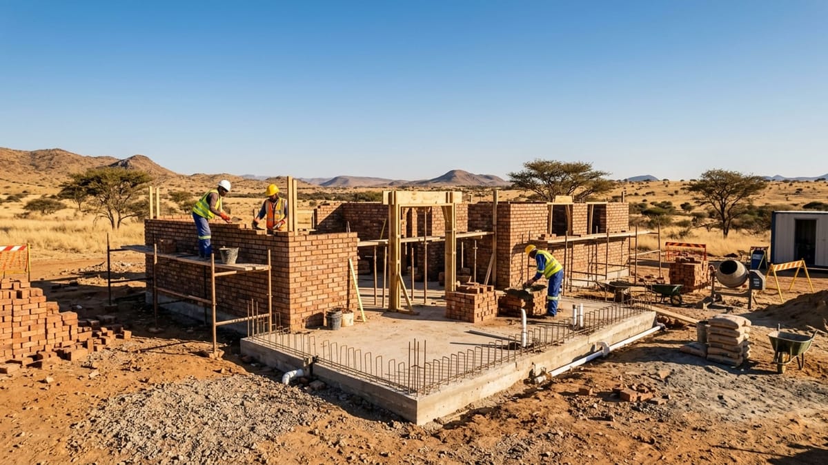 New residential construction project in Namibia showing foundation and frame