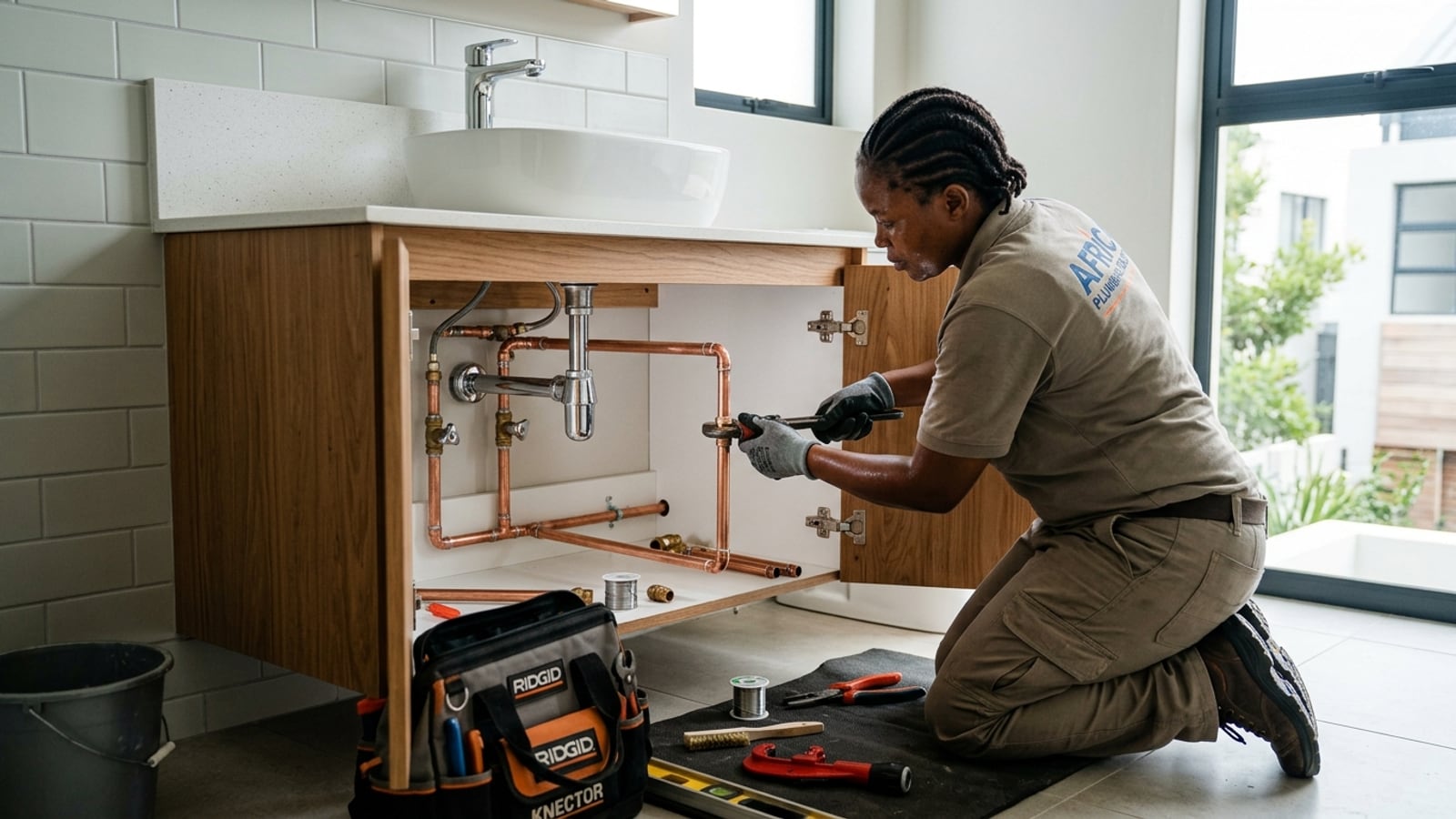 Plumber installing pipework in a residential building in Windhoek