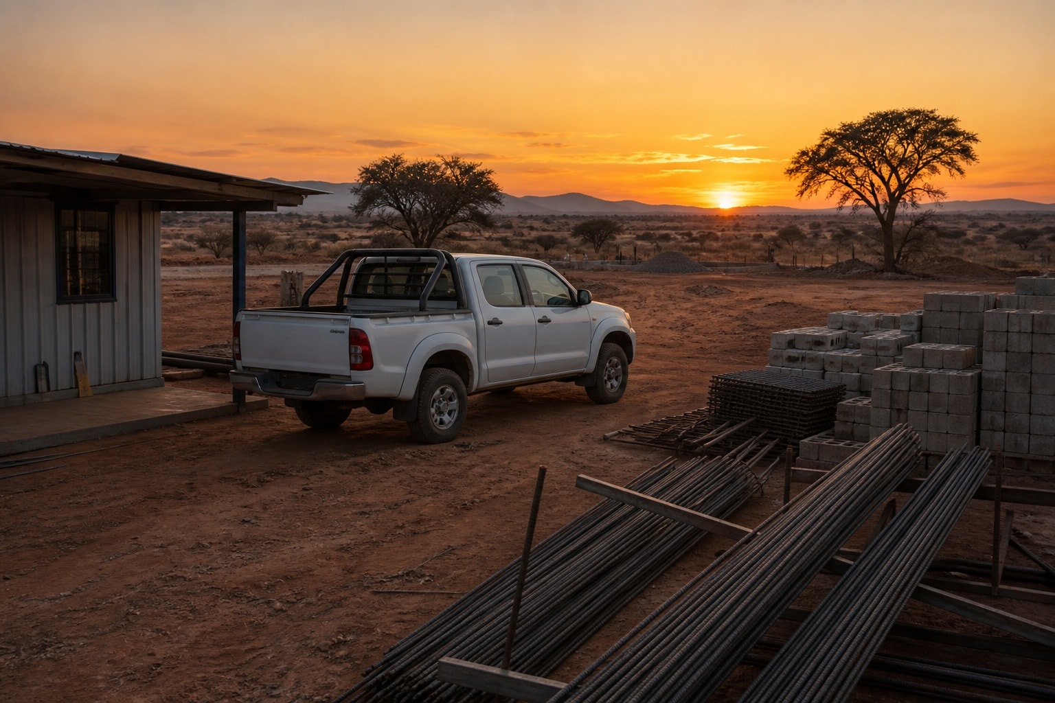 Site vehicle parked beside stacked building materials and reinforcing bars at dusk