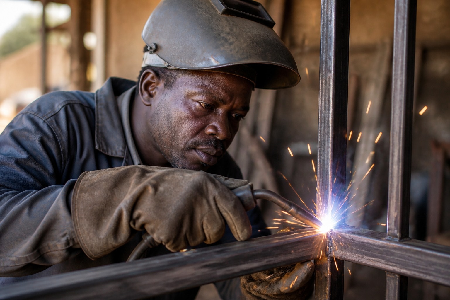 Welder joining a steel gate frame with visible sparks in a workshop